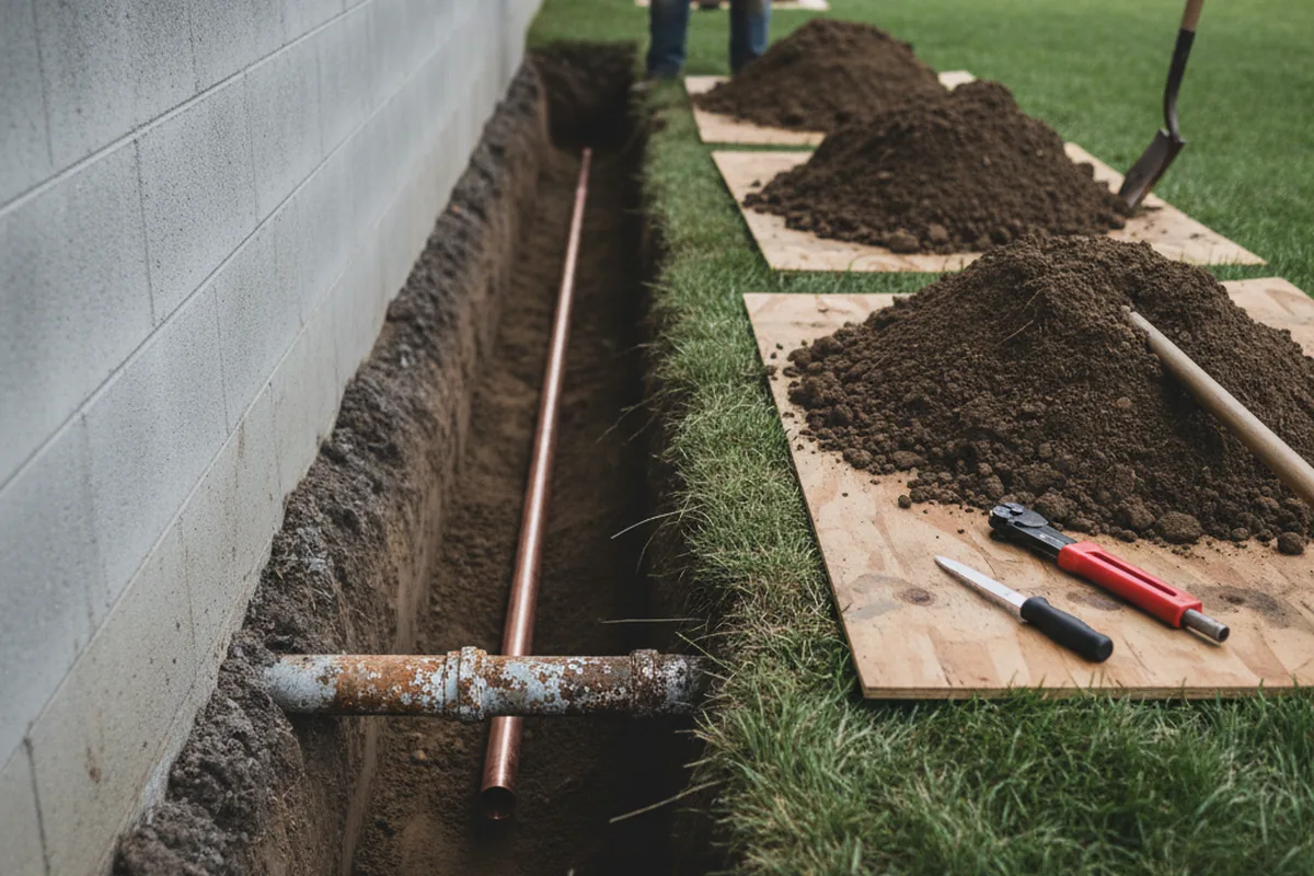Excavated water line trench during Sewer Line Repair in Julian